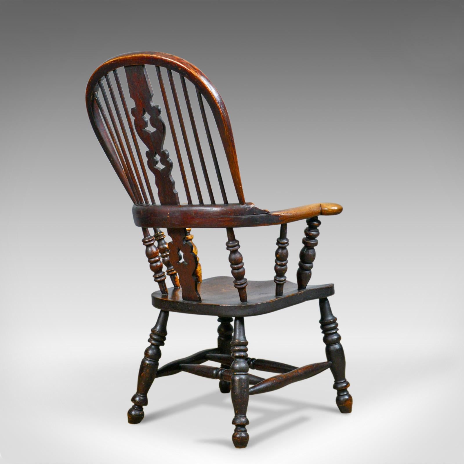 19th Century Antique Windsor Broad Arm Elbow Chair, English, Victorian, Elm, Ash, circa 1850