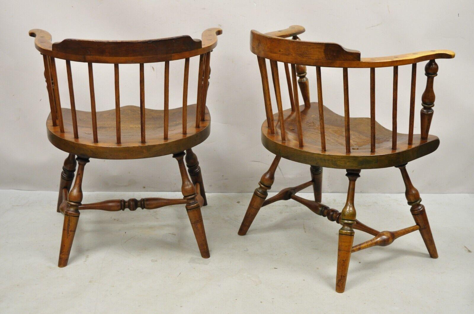 Antique Windsor Colonial Style Pine Wood Spindle Pub Arm Chairs, Pair For Sale 2