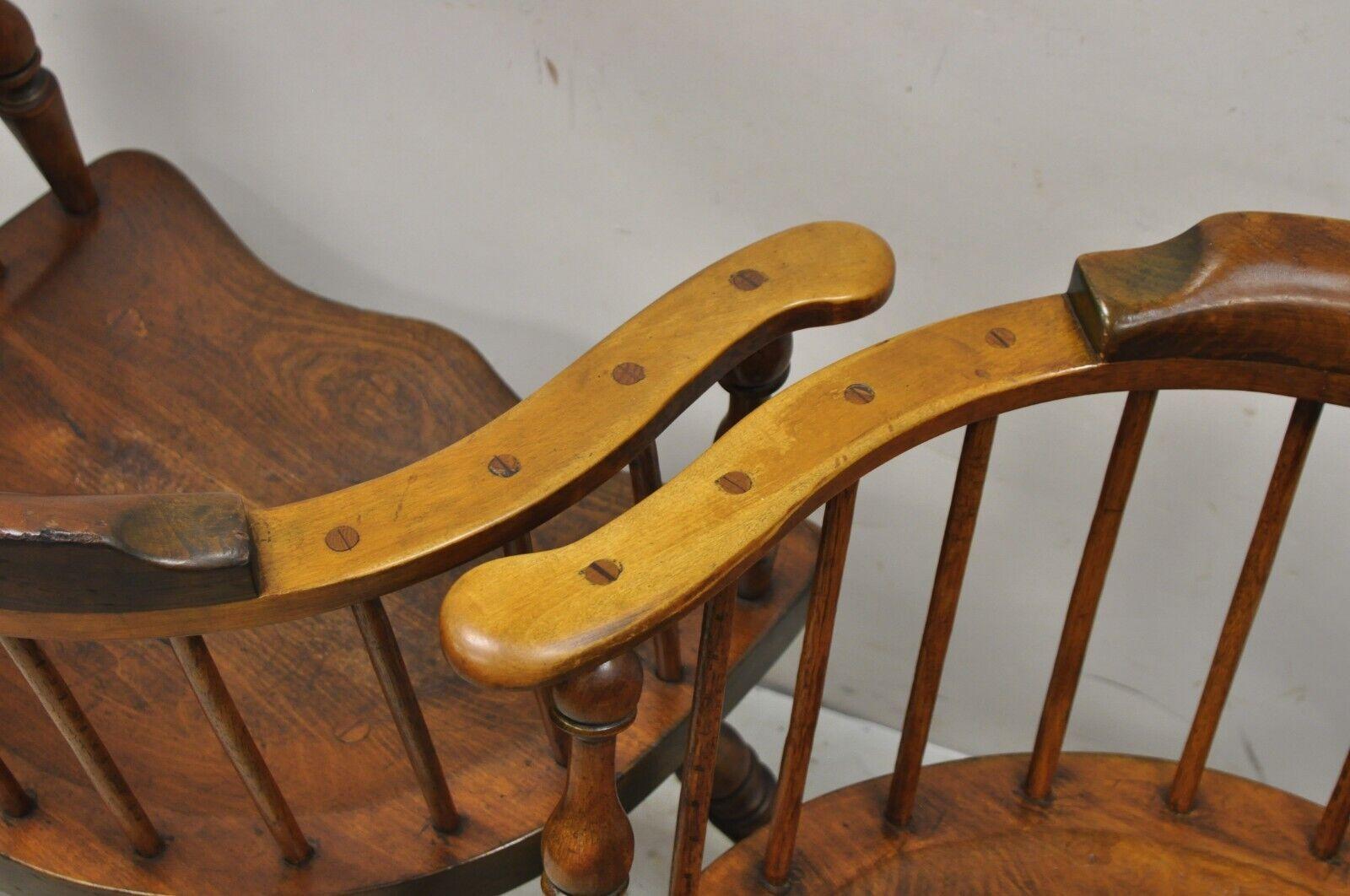20th Century Antique Windsor Colonial Style Pine Wood Spindle Pub Arm Chairs, Pair For Sale