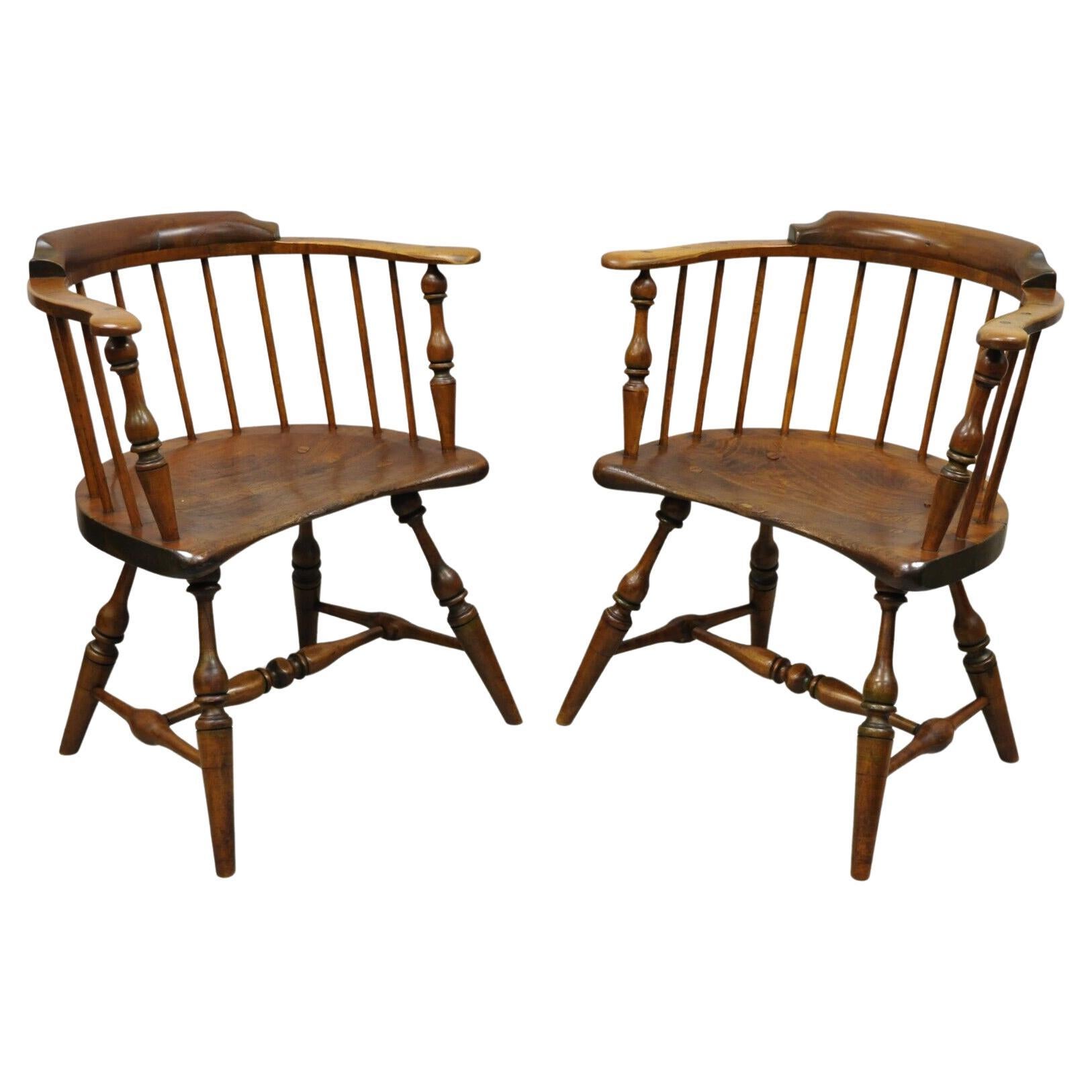 Antique Windsor Colonial Style Pine Wood Spindle Pub Arm Chairs, Pair For Sale