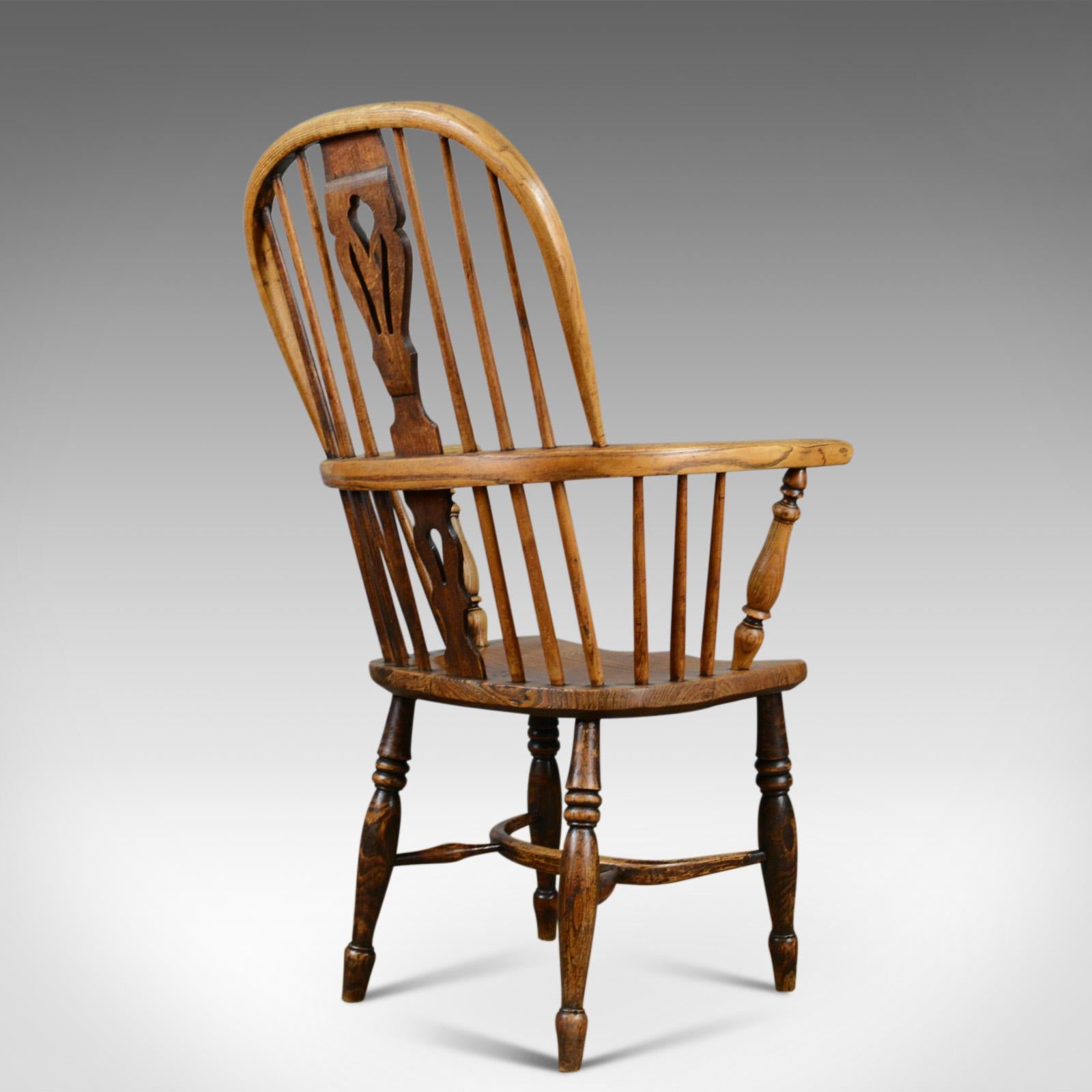 Antique Windsor Elbow Chair, Victorian Double Hoop Armchair, Elm, Ash In Good Condition In Hele, Devon, GB