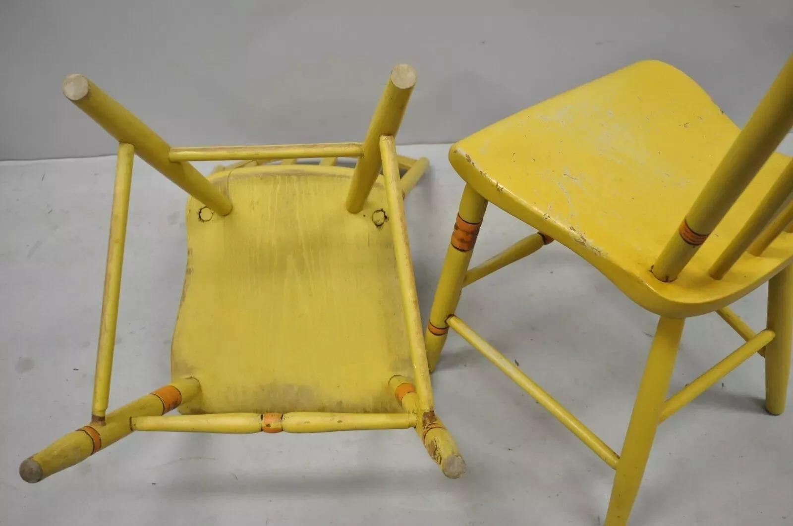 Antique Windsor Hitchcock Style Yellow Painted Plank Seat Side Chairs - a Pair For Sale 3