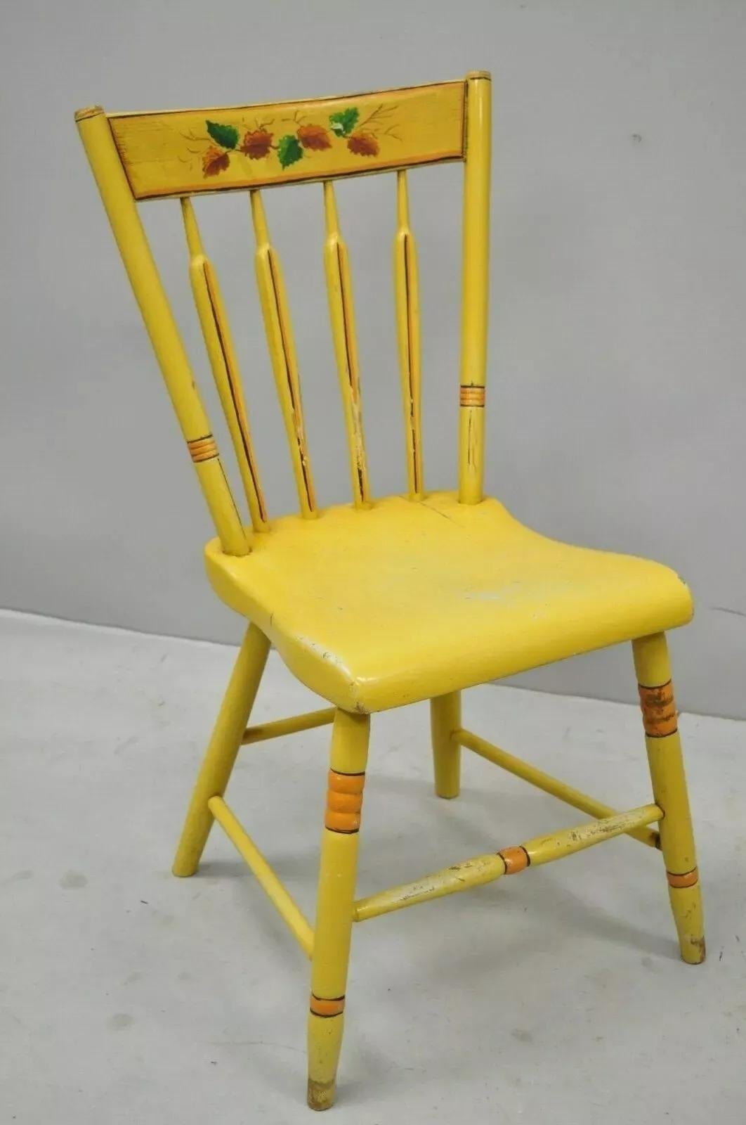 Antique Windsor Hitchcock Style Yellow Painted Plank Seat Side Chairs - a Pair For Sale 4