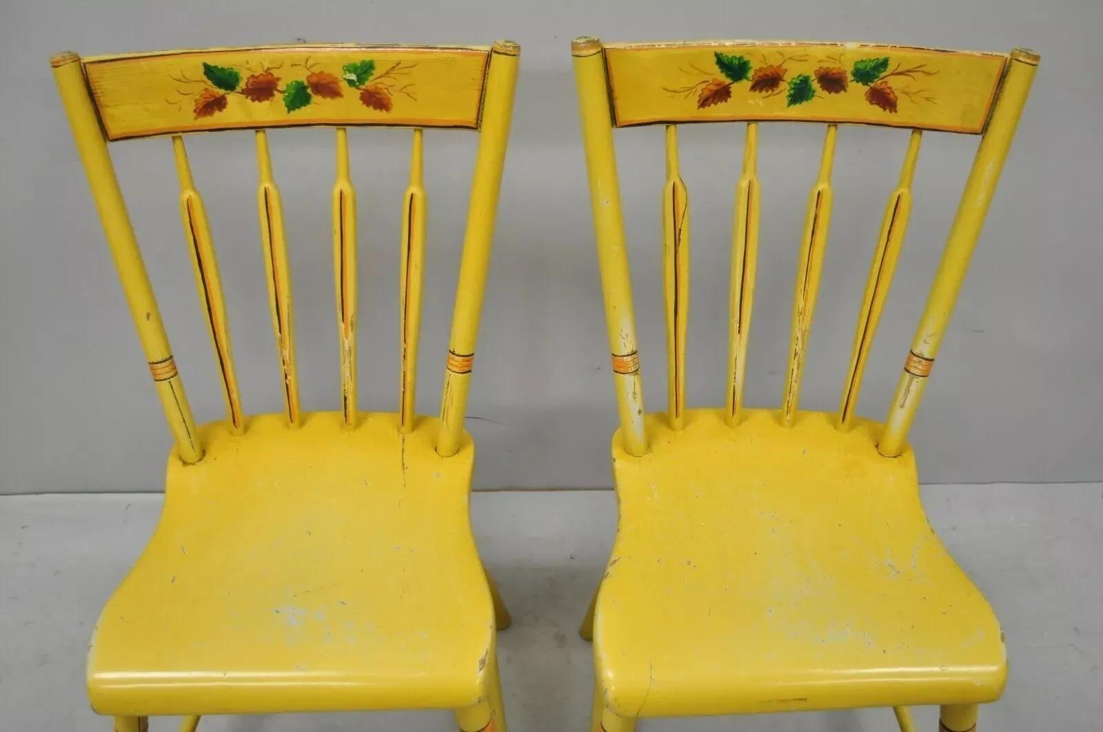 Other Antique Windsor Hitchcock Style Yellow Painted Plank Seat Side Chairs - a Pair For Sale