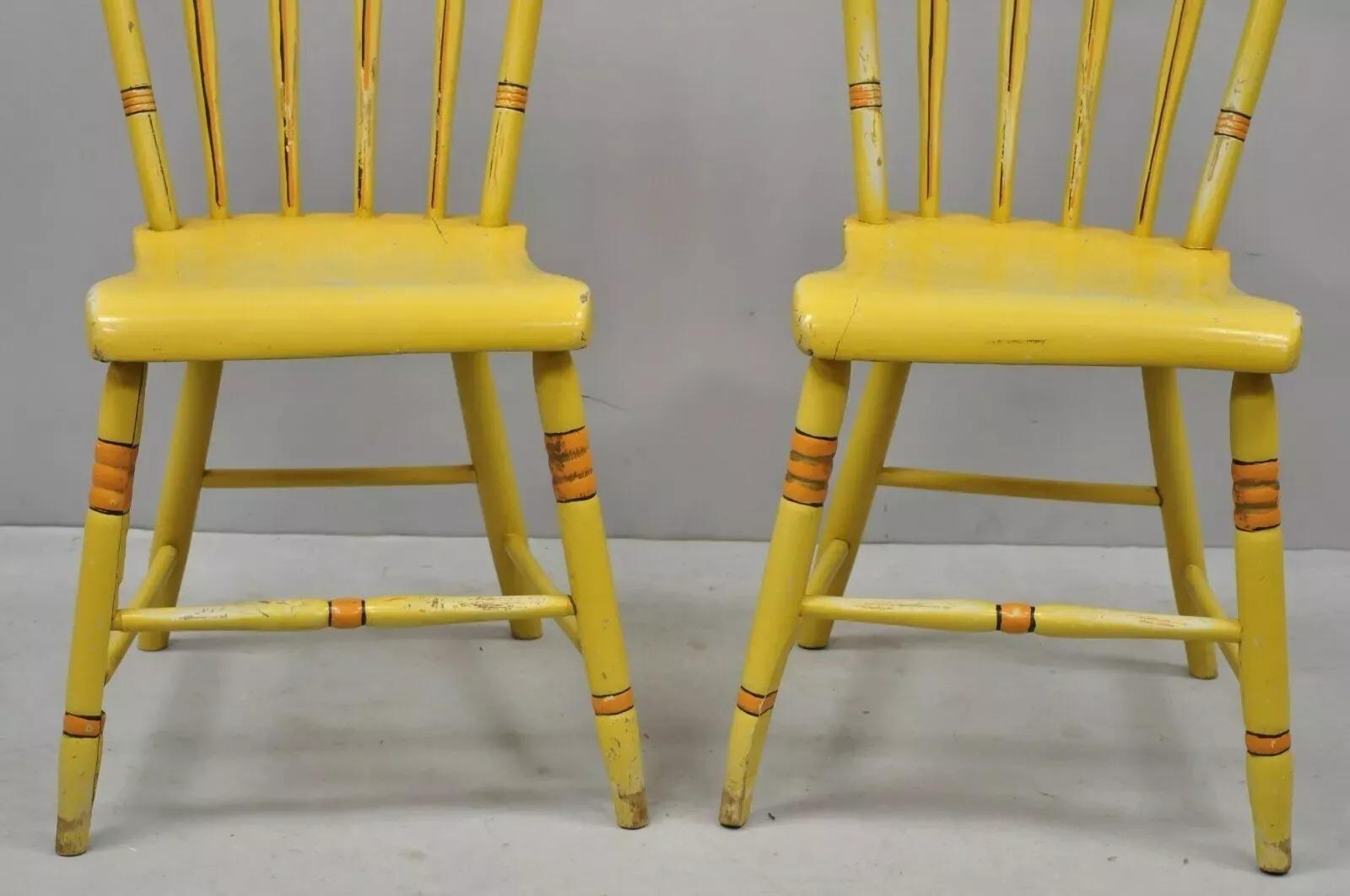 Unknown Antique Windsor Hitchcock Style Yellow Painted Plank Seat Side Chairs - a Pair For Sale