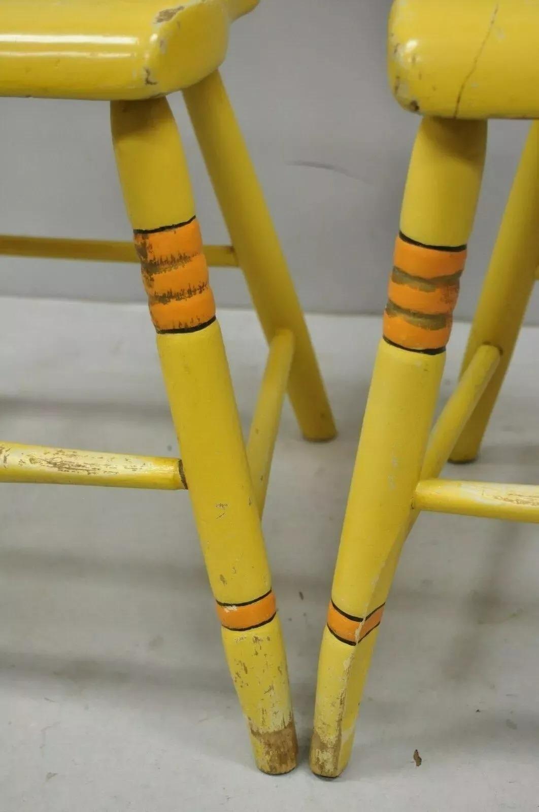 20th Century Antique Windsor Hitchcock Style Yellow Painted Plank Seat Side Chairs - a Pair For Sale
