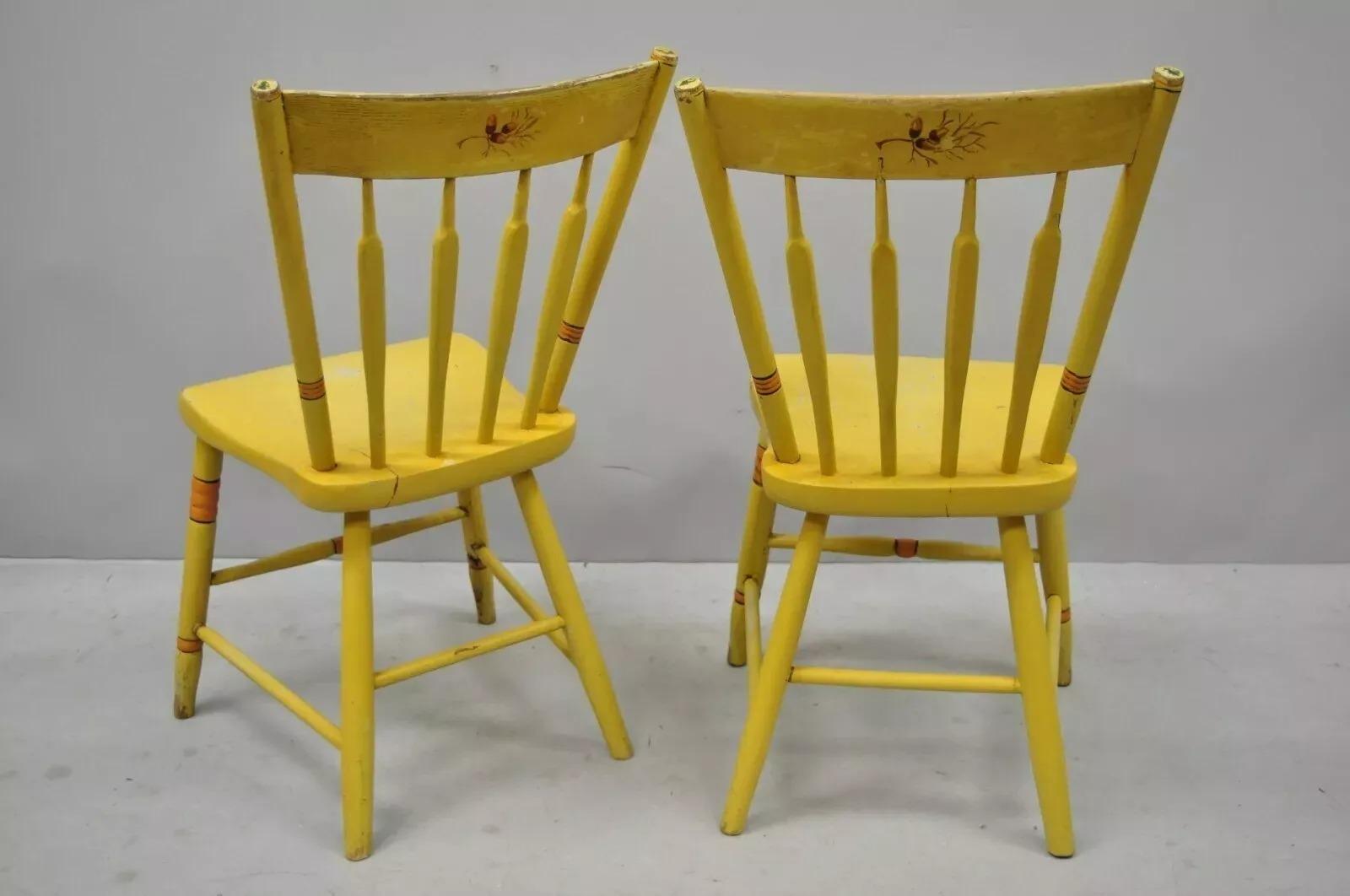 Antique Windsor Hitchcock Style Yellow Painted Plank Seat Side Chairs - a Pair For Sale 1