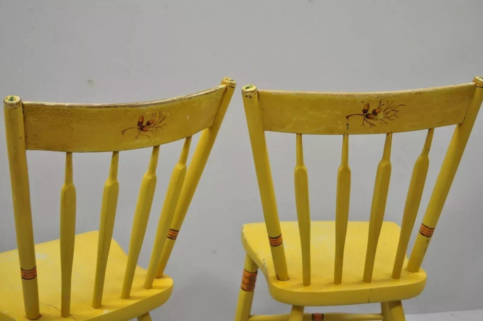 Antique Windsor Hitchcock Style Yellow Painted Plank Seat Side Chairs - a Pair For Sale 2