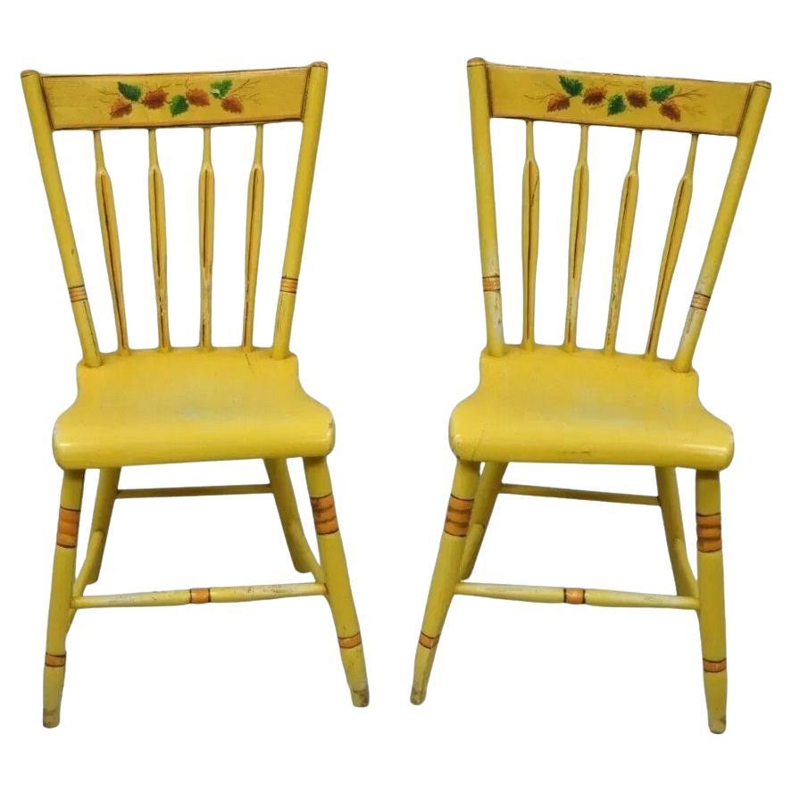 Antique Windsor Hitchcock Style Yellow Painted Plank Seat Side Chairs - a Pair For Sale