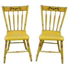 Antique Windsor Hitchcock Style Yellow Painted Plank Seat Side Chairs - a Pair