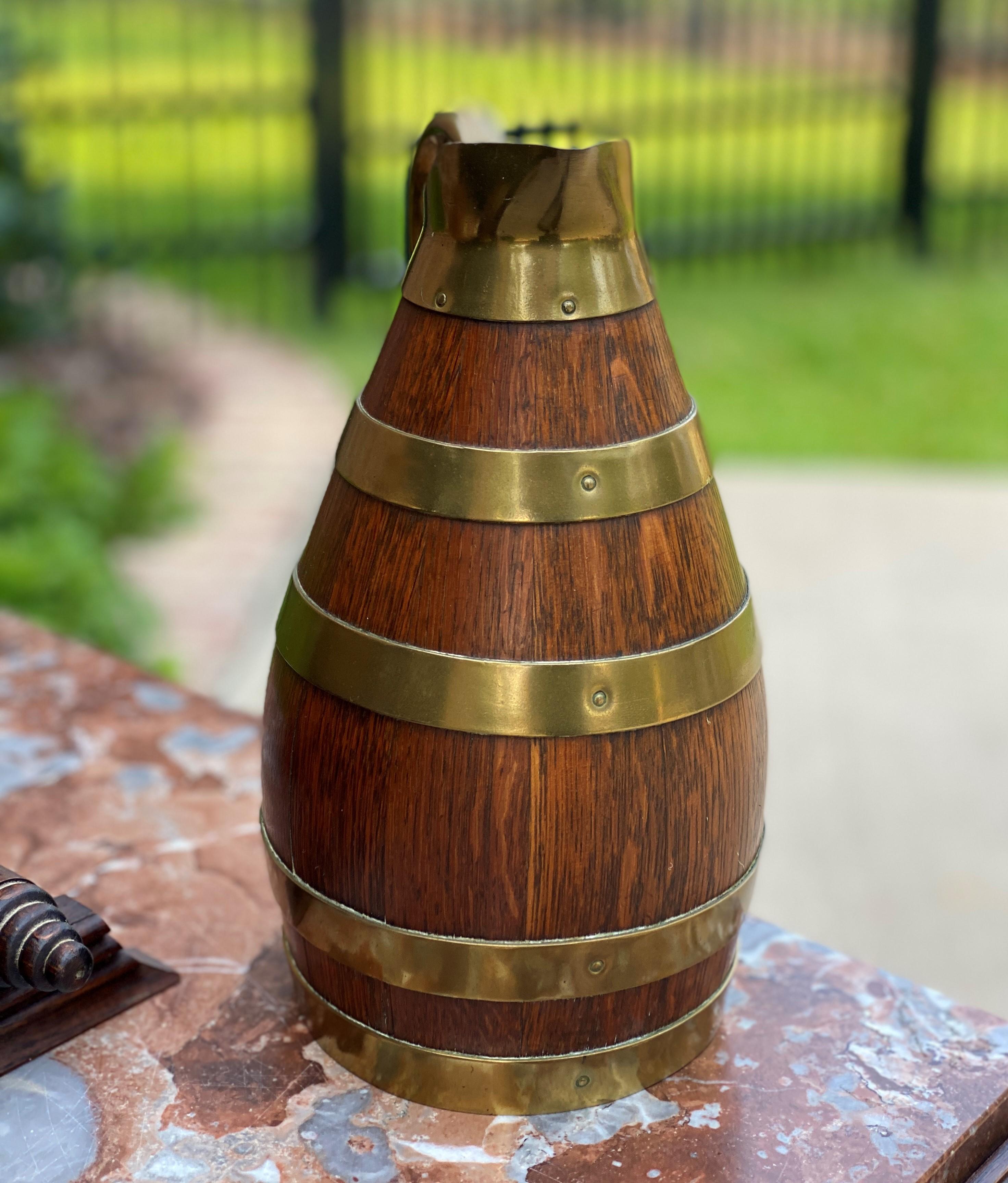 Early 20th Century Antique Wine Barrels Casks Pitcher Jug Brass Banded 3-Piece Set Maker's Hallmark