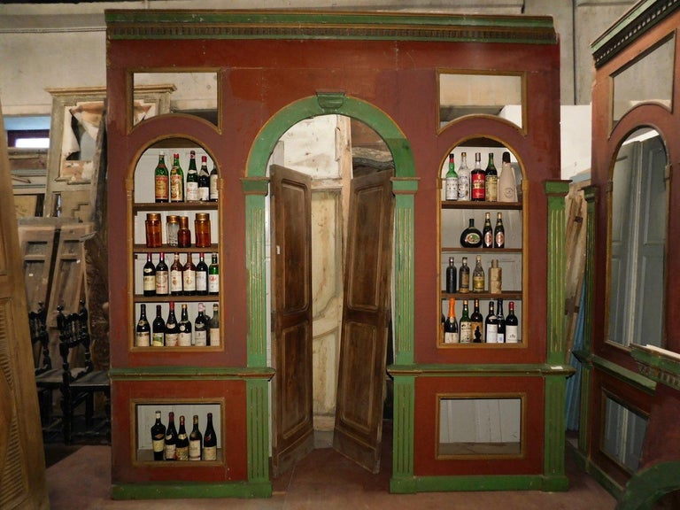 Antique Wine Cellar Furniture, in Two Wall Bodies, Red/Green Wood