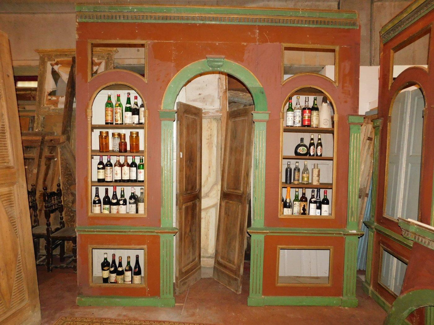 Italian Antique Wine Cellar Furniture, in Two Wall Bodies, Red/Green Wood, Library, 1800