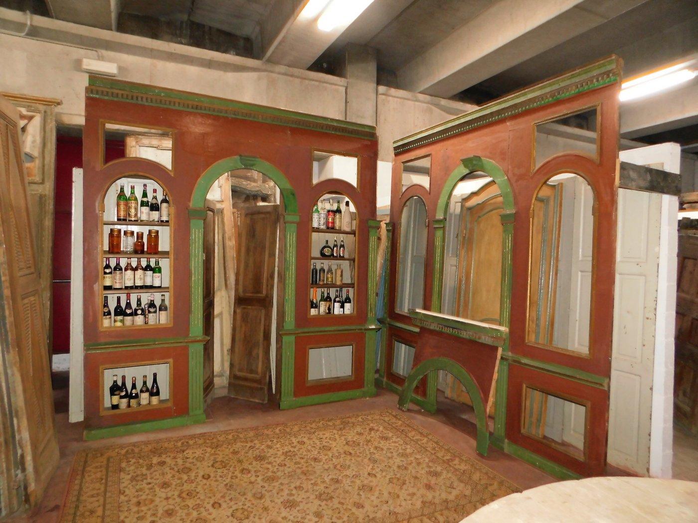 Lacquered Antique Wine Cellar Furniture, in Two Wall Bodies, Red/Green Wood, Library, 1800