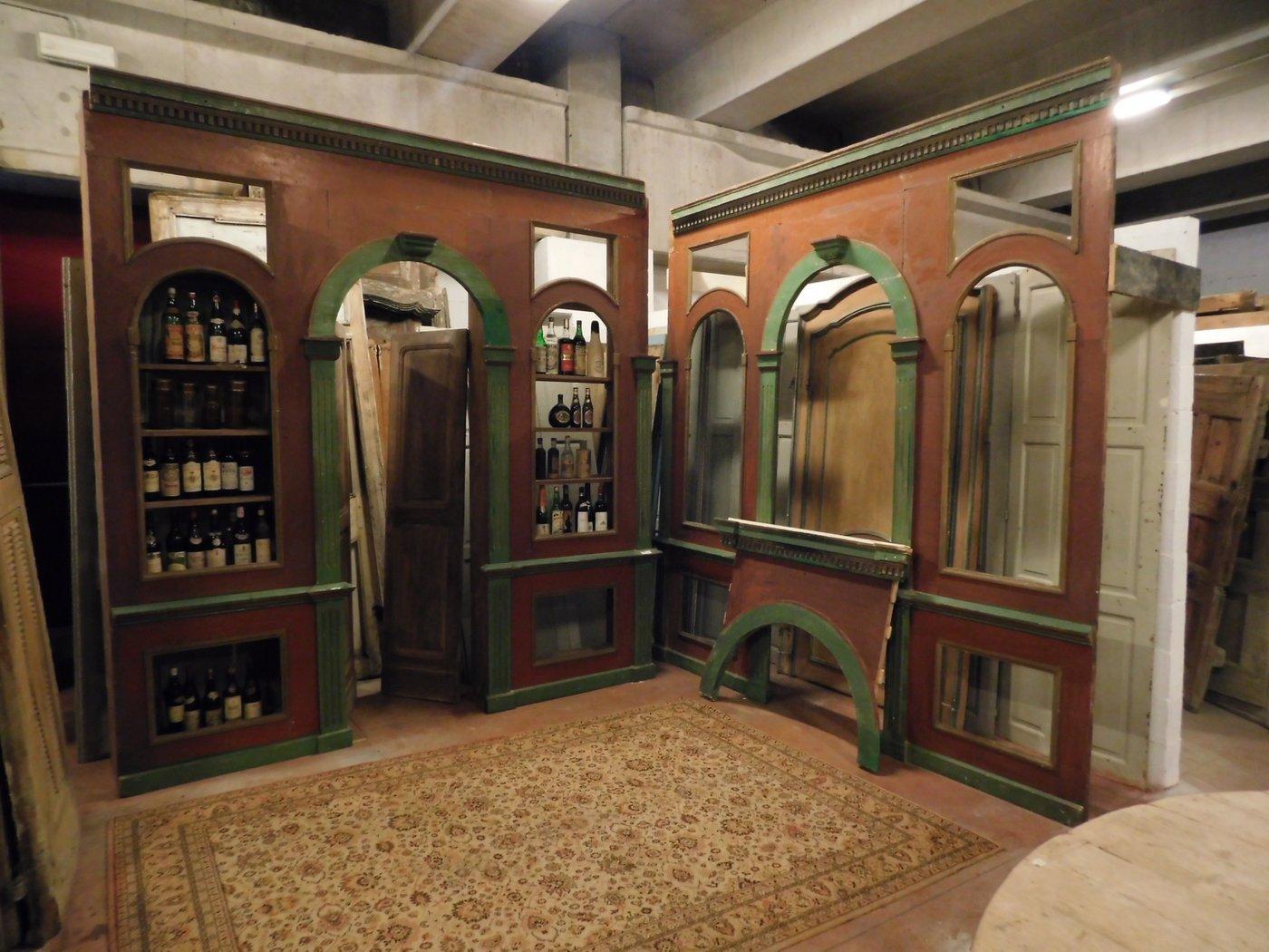 Antique Wine Cellar Furniture, in Two Wall Bodies, Red/Green Wood, Library, 1800 In Good Condition In Cuneo, Italy (CN)