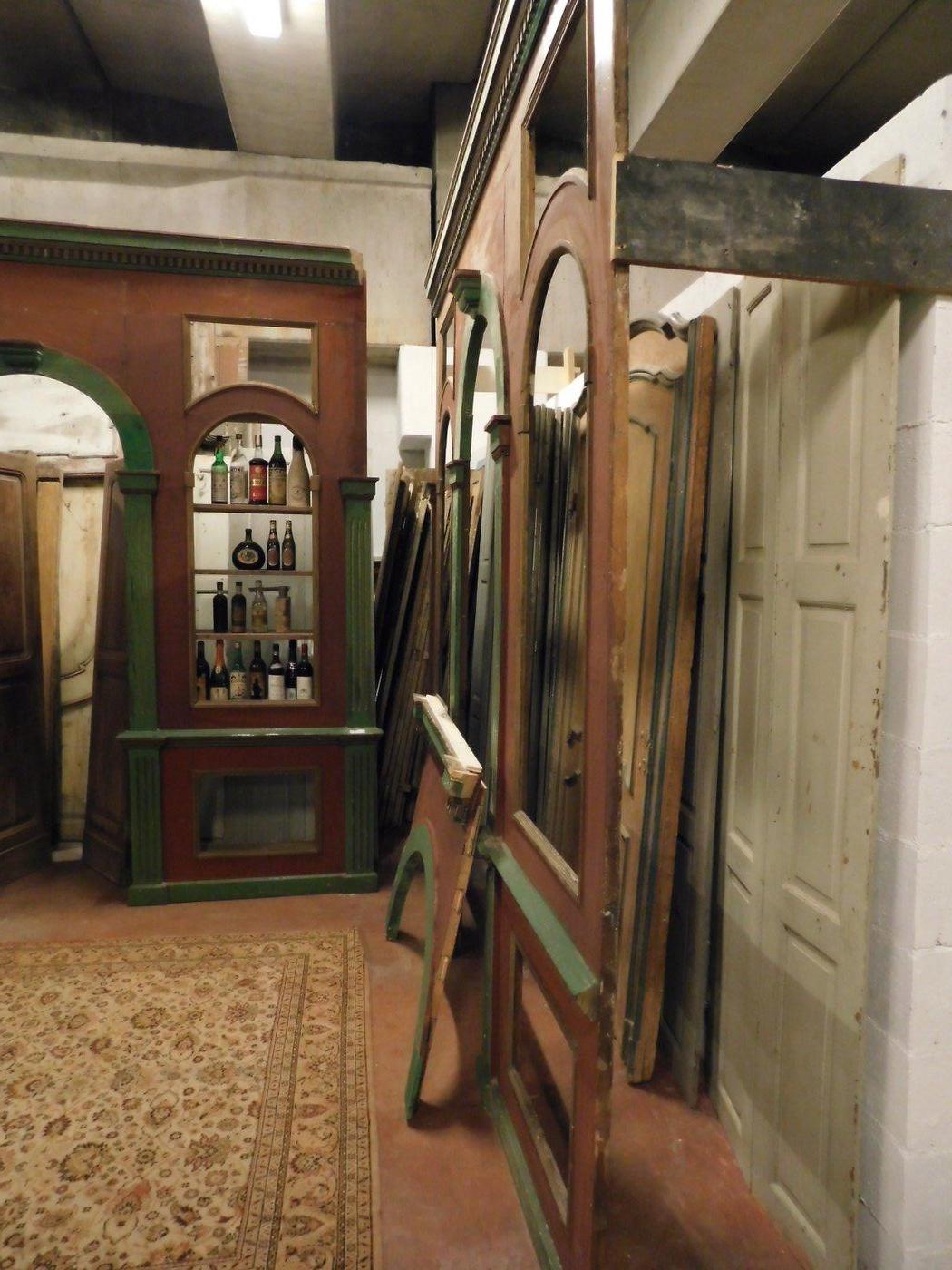 Antique Wine Cellar Furniture, in Two Wall Bodies, Red/Green Wood, Library, 1800 1