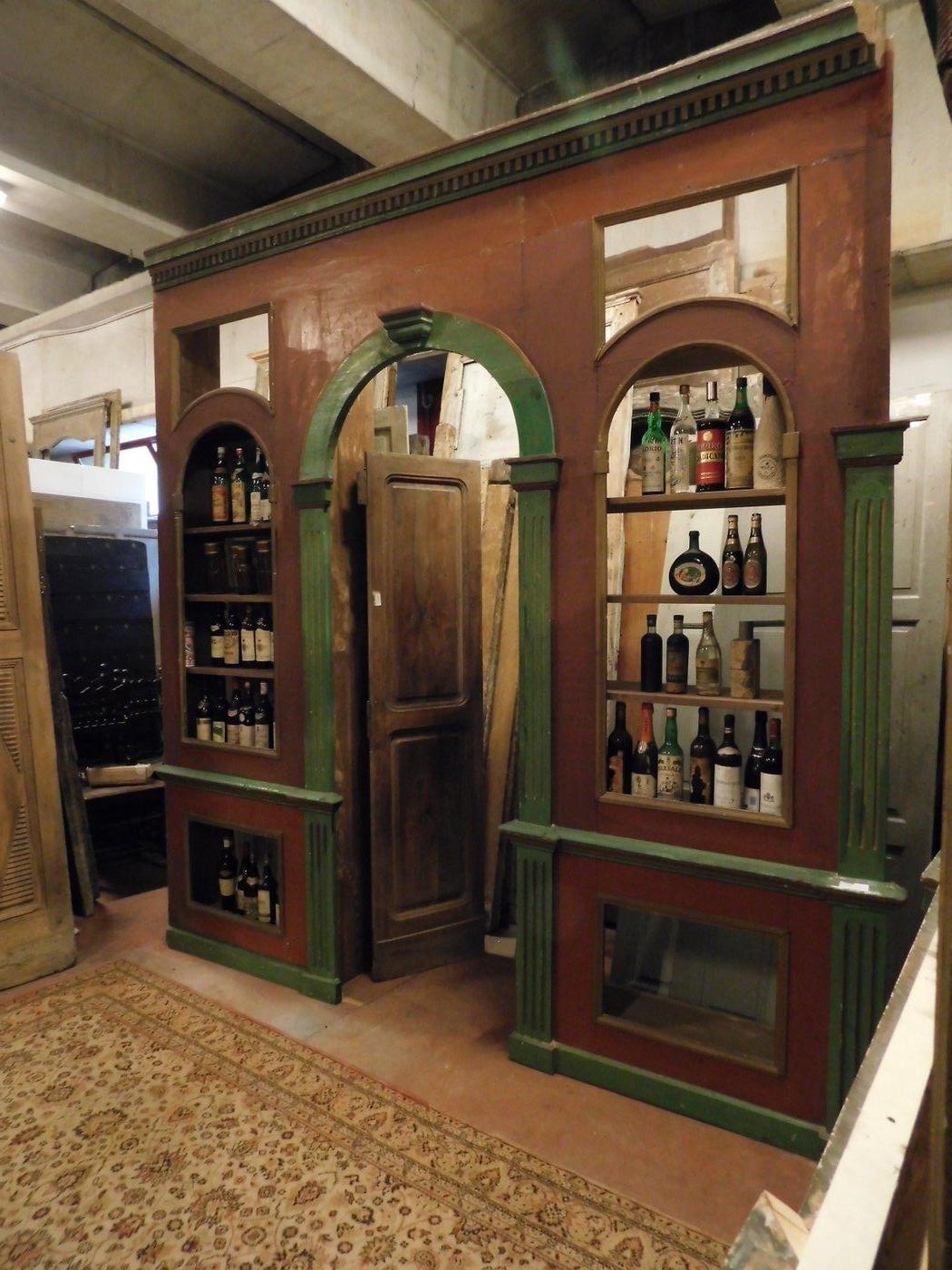 Antique Wine Cellar Furniture, in Two Wall Bodies, Red/Green Wood, Library, 1800 2