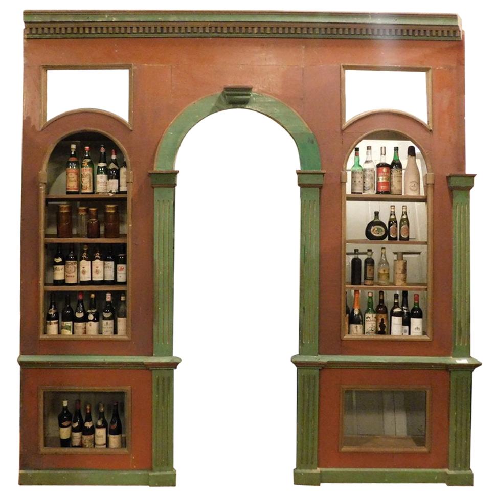 Antique Wine Cellar Furniture, in Two Wall Bodies, Red/Green Wood, Library, 1800