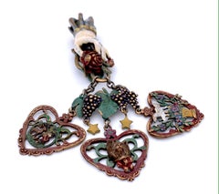 Antique Wine Harvest Charivari Hand Hearts Grapes Cat Stars Enamel Metal