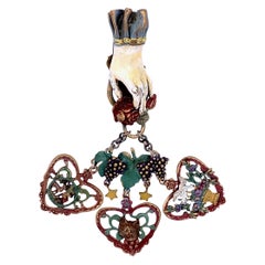 Antique Wine Harvest Charivari Hand Hearts Grapes Cat Stars Enamel Metal