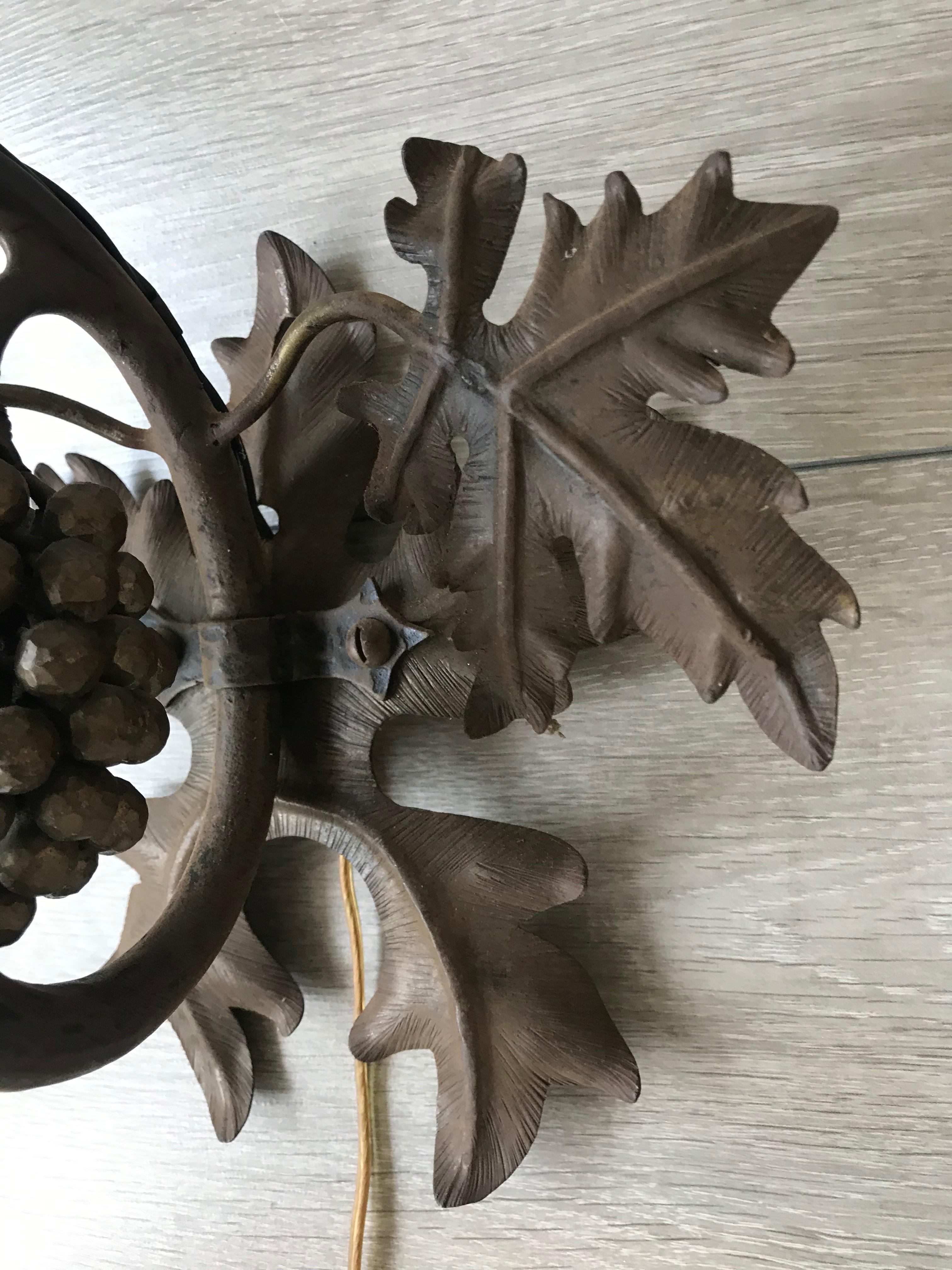Antique Wine Theme Wall Lamp/Sconce with Wrought Iron Bunch of Grapes & Leafs For Sale 4