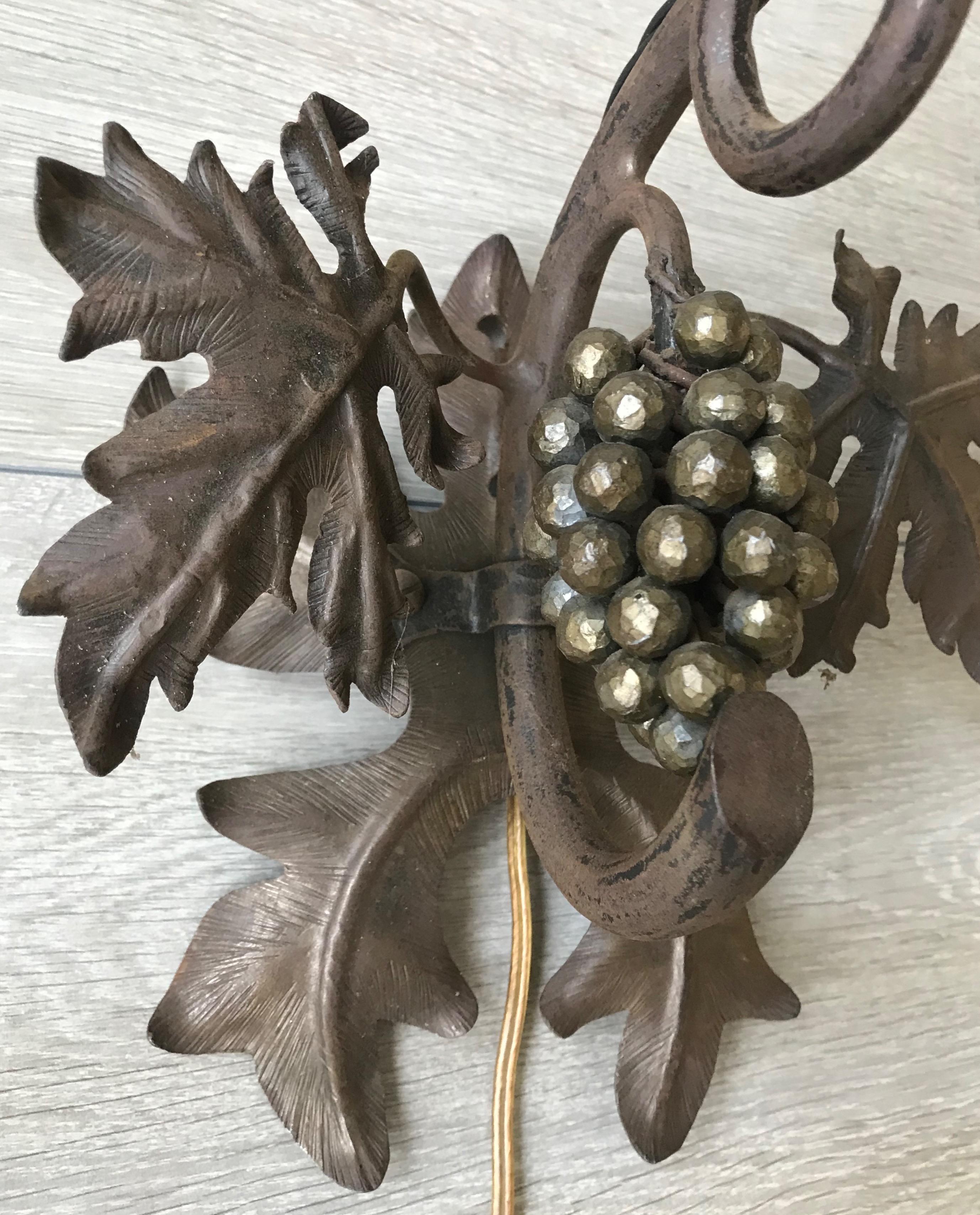 Antique Wine Theme Wall Lamp/Sconce with Wrought Iron Bunch of Grapes & Leafs For Sale 9