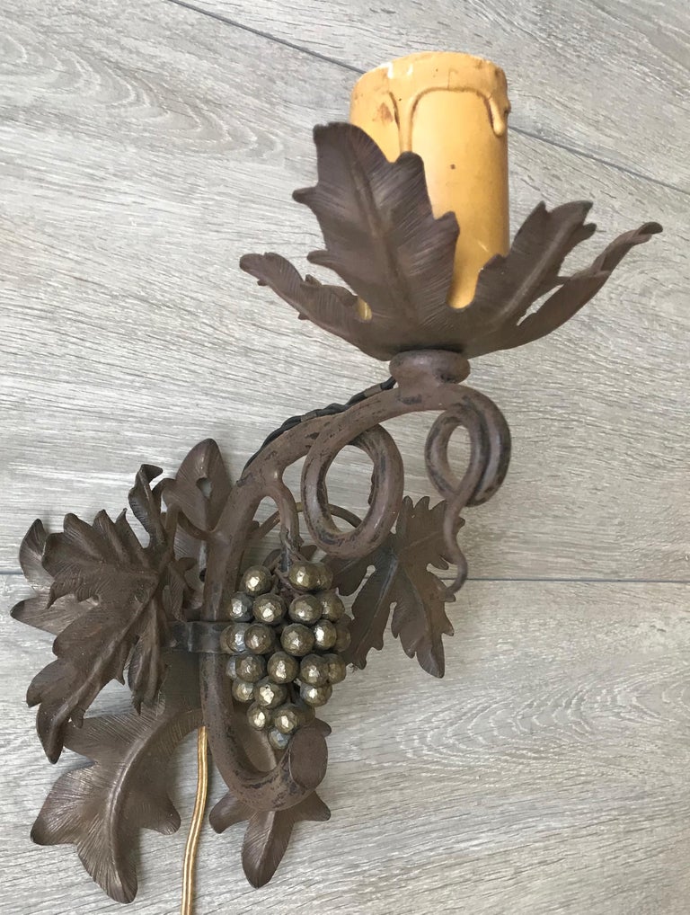 Antique Wine Theme Wall Lamp/Sconce with Wrought Iron Bunch of Grapes & Leafs For Sale 10