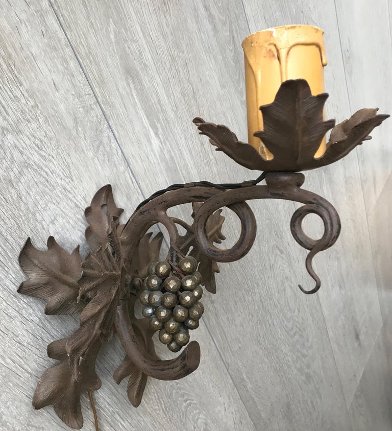 Arts and Crafts Antique Wine Theme Wall Lamp/Sconce with Wrought Iron Bunch of Grapes & Leafs For Sale