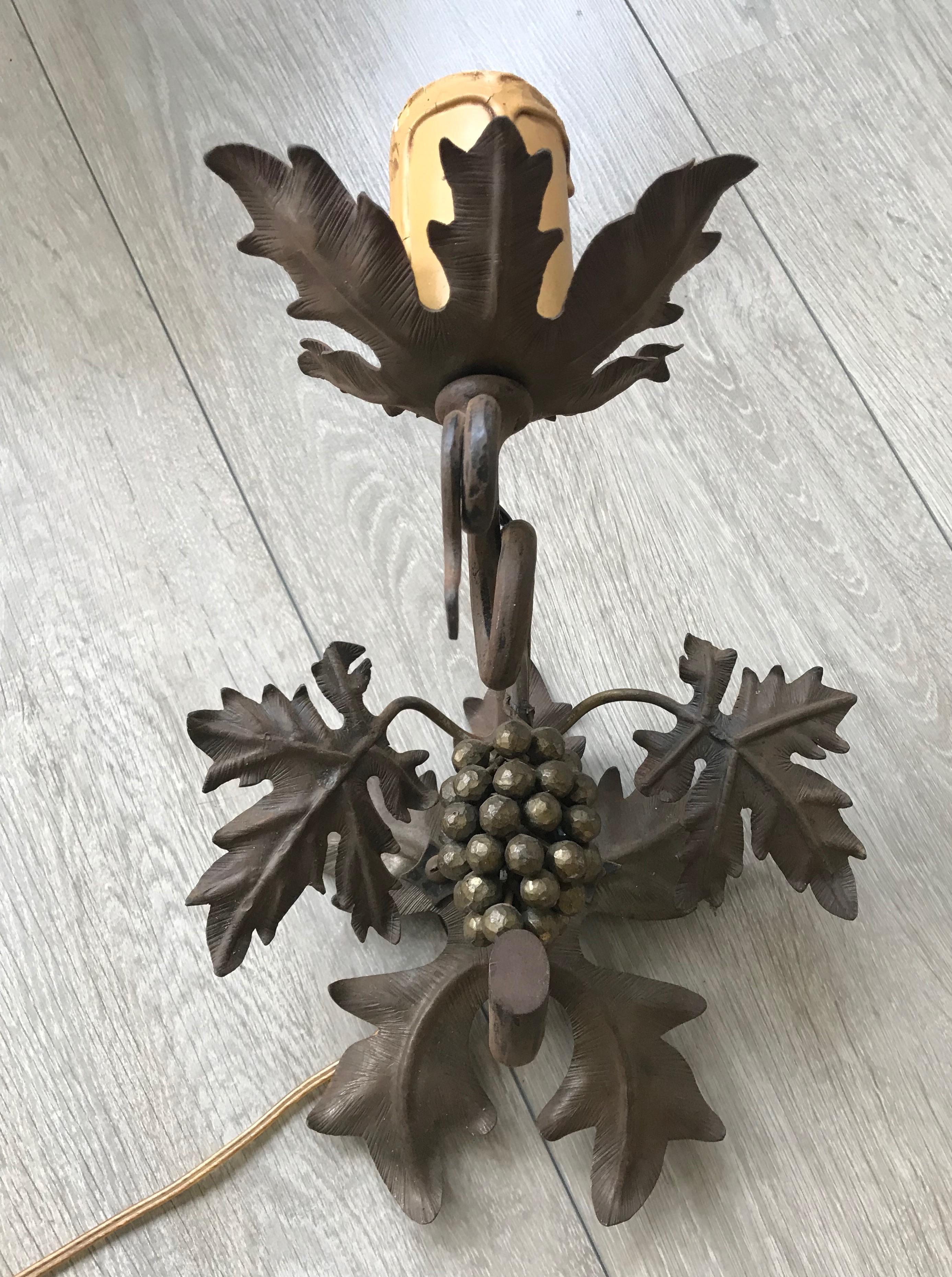 French Antique Wine Theme Wall Lamp/Sconce with Wrought Iron Bunch of Grapes & Leafs For Sale