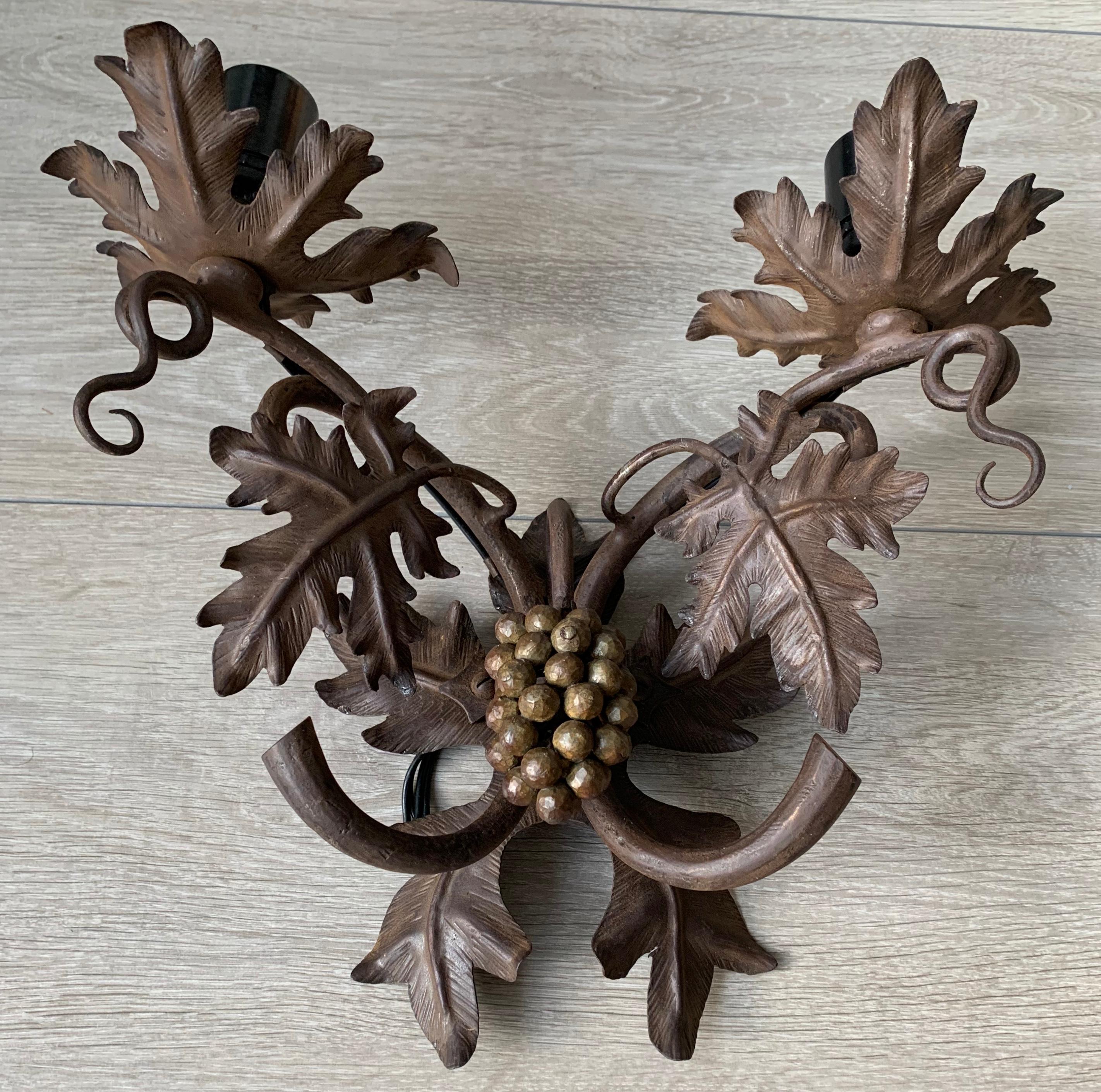 Arts and Crafts Antique Wine Theme Wall Lamp / Sconce with Wrought Iron Bunch of Grapes & Leafs