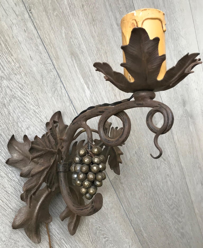 Forged Antique Wine Theme Wall Lamp/Sconce with Wrought Iron Bunch of Grapes & Leafs For Sale