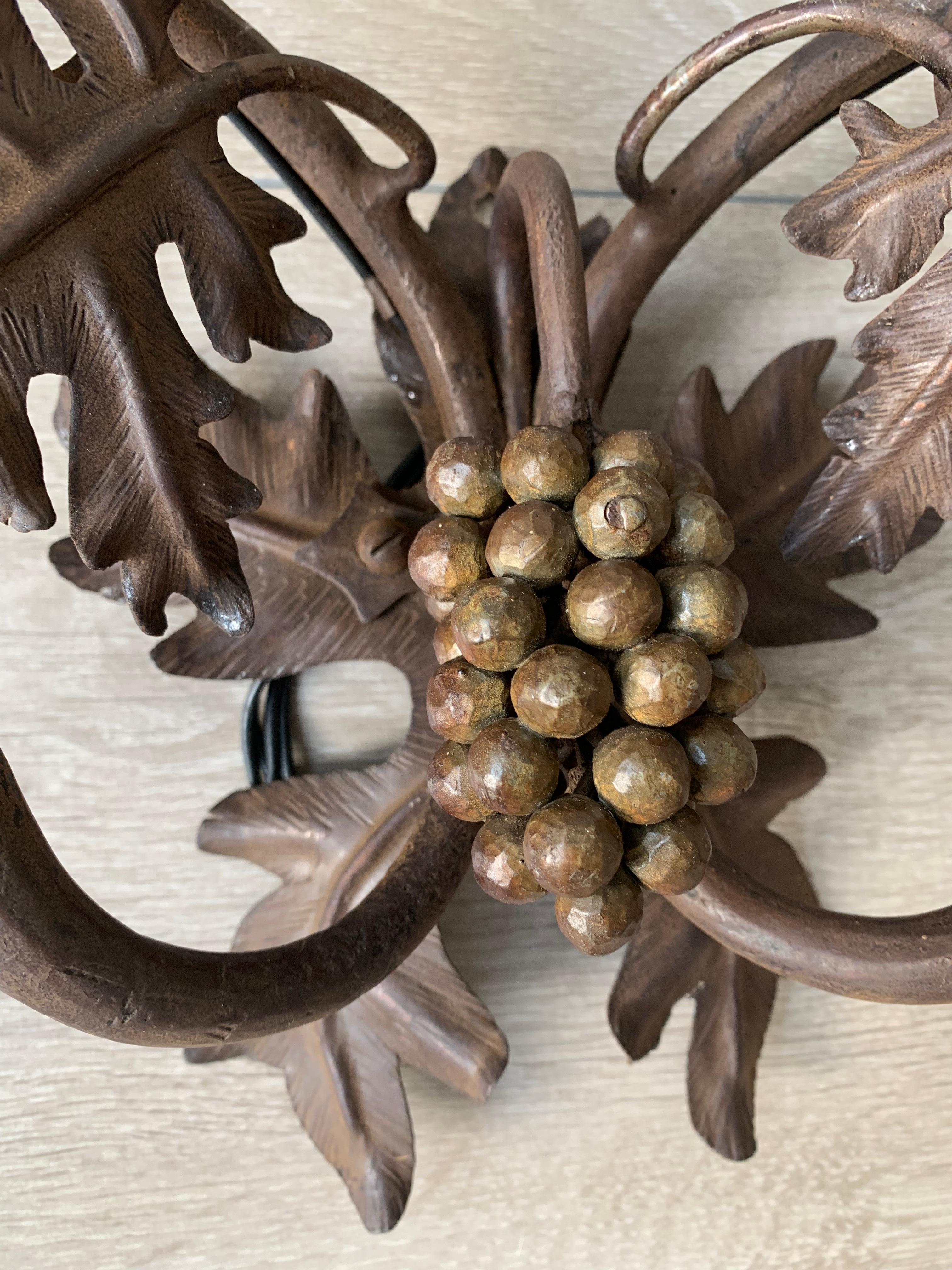Hand-Crafted Antique Wine Theme Wall Lamp / Sconce with Wrought Iron Bunch of Grapes & Leafs