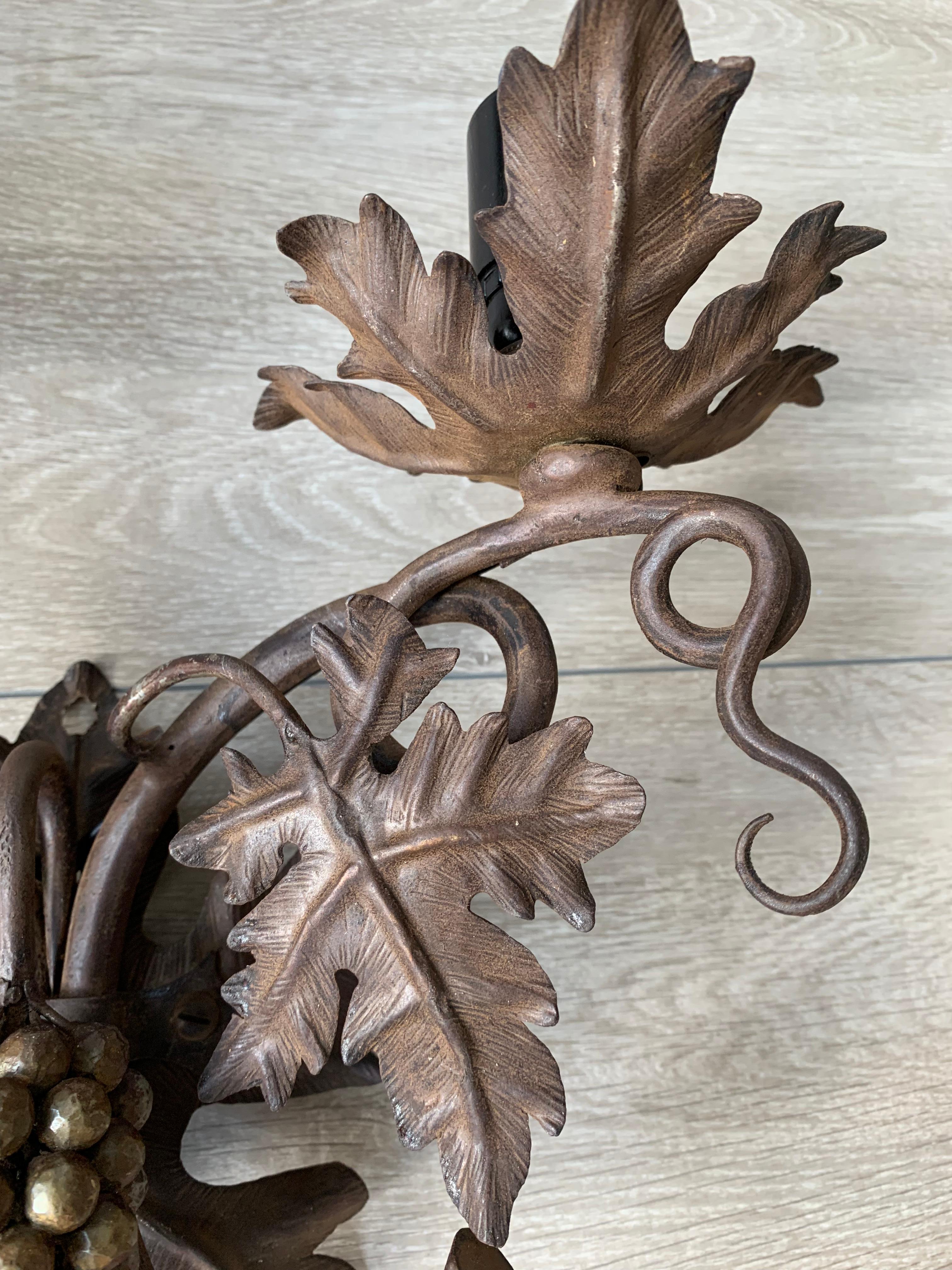 20th Century Antique Wine Theme Wall Lamp / Sconce with Wrought Iron Bunch of Grapes & Leafs
