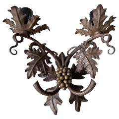 Antique Wine Theme Wall Lamp / Sconce with Wrought Iron Bunch of Grapes & Leafs