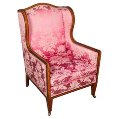 Fauteuil de salon édouardien ancien, anglais, coton de soie, fauteuil de salon édouardien