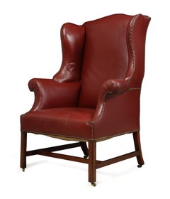 Antique Wing Chair, Red Leather and Mahogany, circa 1890