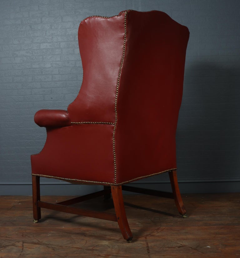 Antique Wing Chair, Red Leather and Mahogany, circa 1890 For Sale at