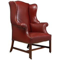 Antique Wing Chair, Red Leather and Mahogany, circa 1890