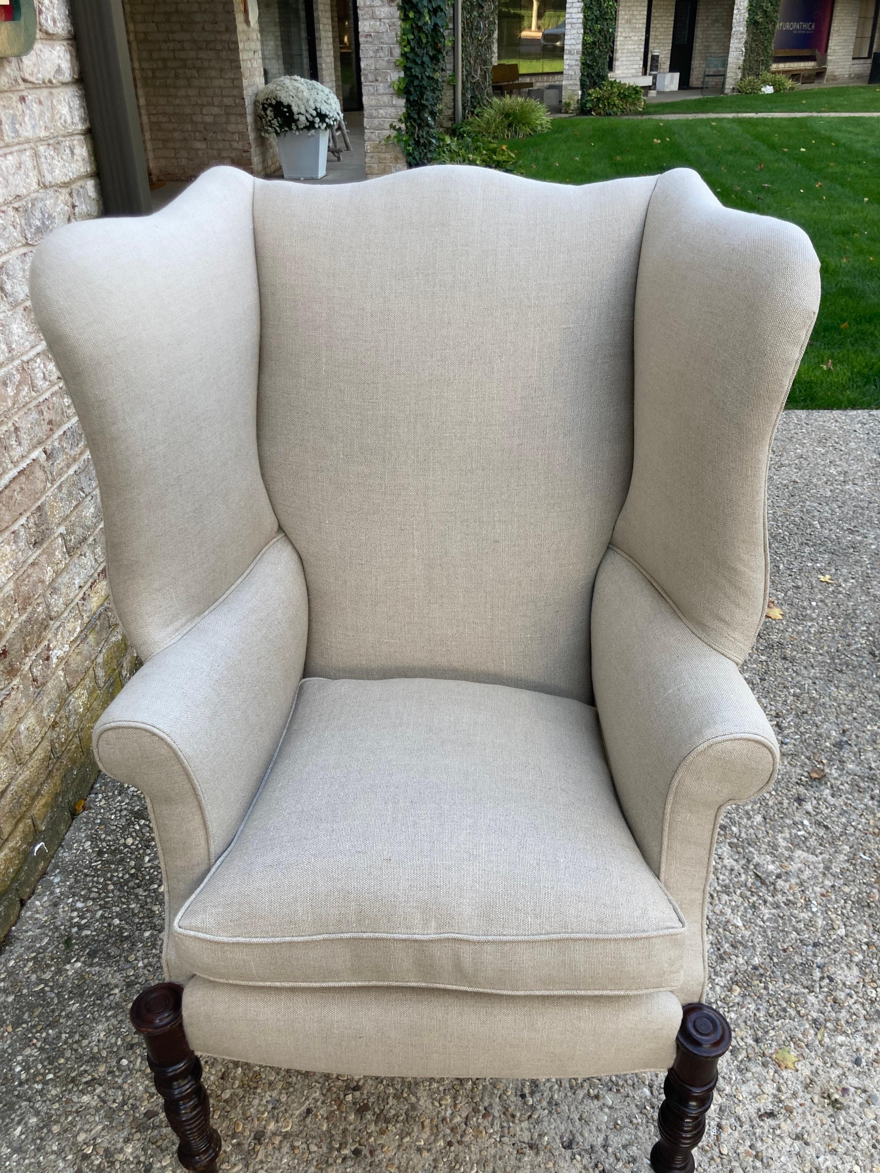 Linen Antique Wingback Chair For Sale