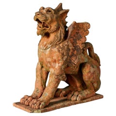 Antique Winged Lion Statue in Buff Terracotta