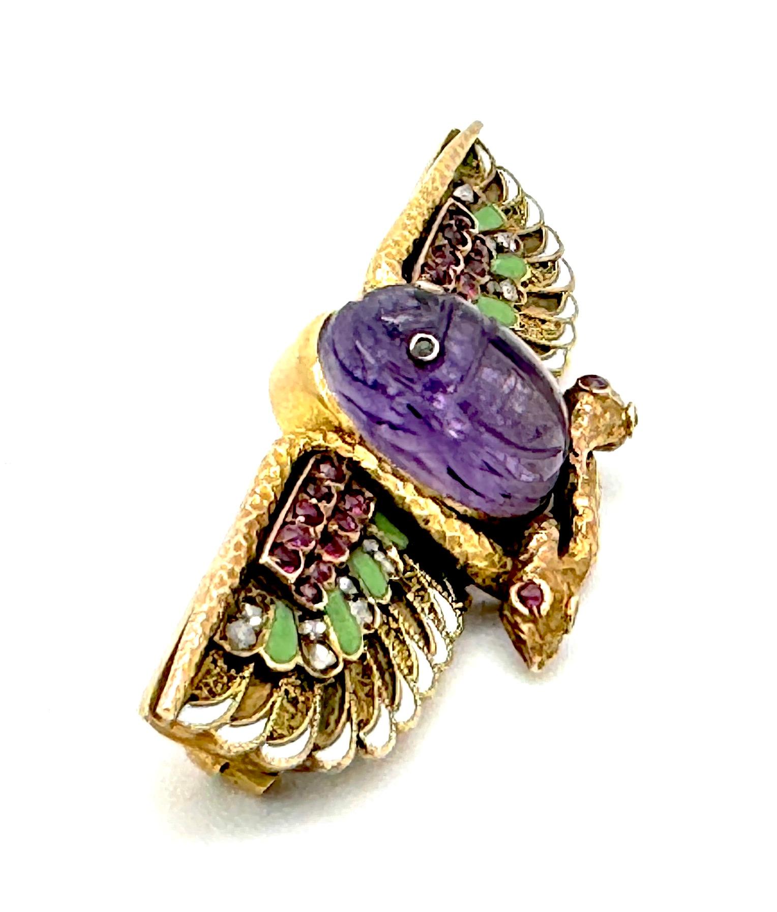 After the Suez Canal was opened in 1867 a fashion was set off in jewellery design, commonly known as Egyptian Revival to commemorate that sensational event.
This  fabulous winged scarab brooch is a fine example for this fashion. The wings are framed