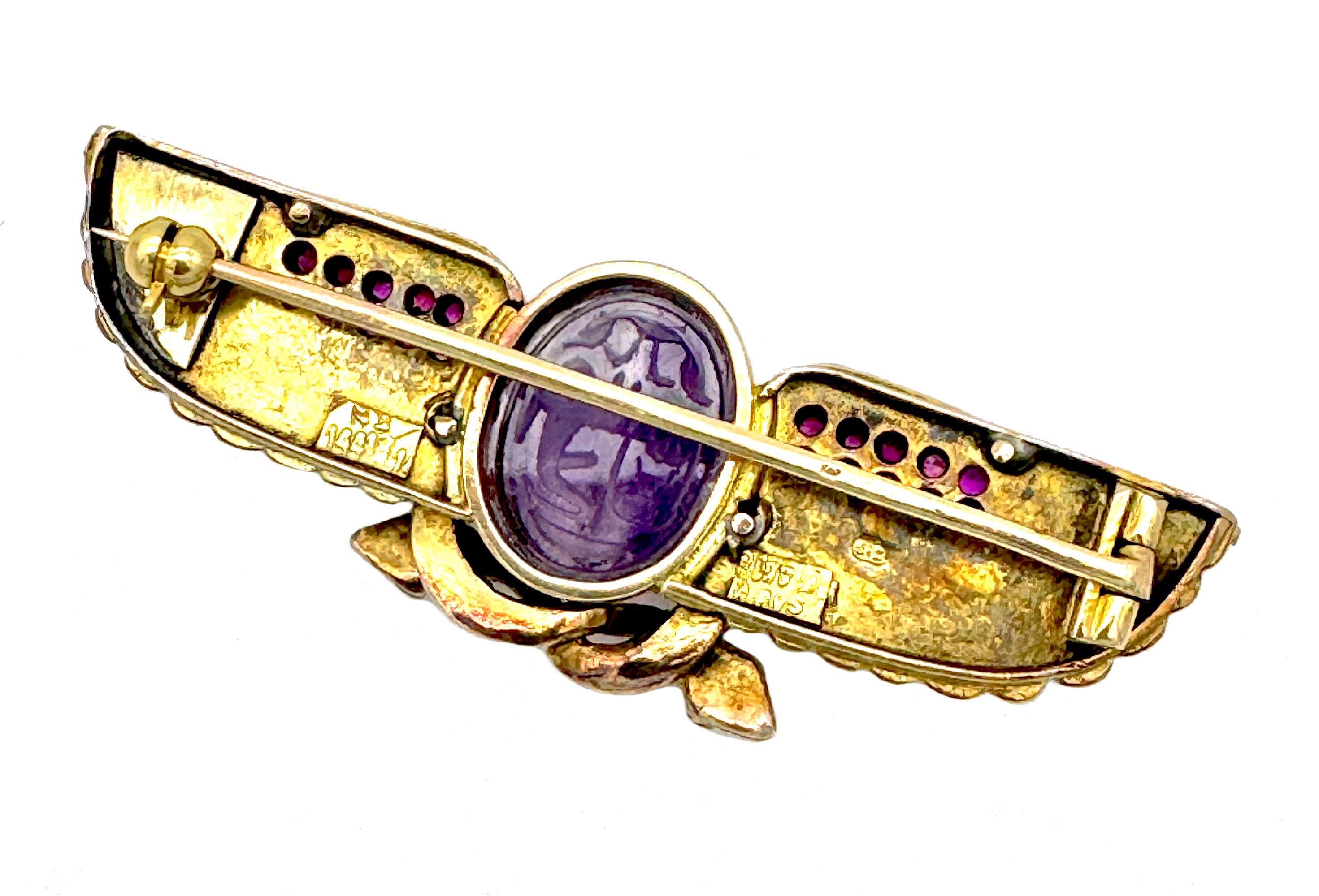 Egyptian Revival Antique Winged Scarab Double Snake Brooch Amethyst Ruby Diamond Enamel Gold For Sale