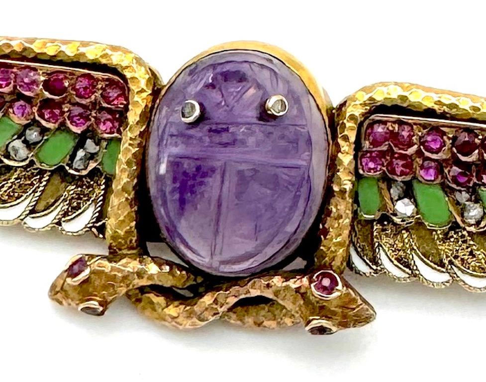 Mixed Cut Antique Winged Scarab Double Snake Brooch Amethyst Ruby Diamond Enamel Gold For Sale
