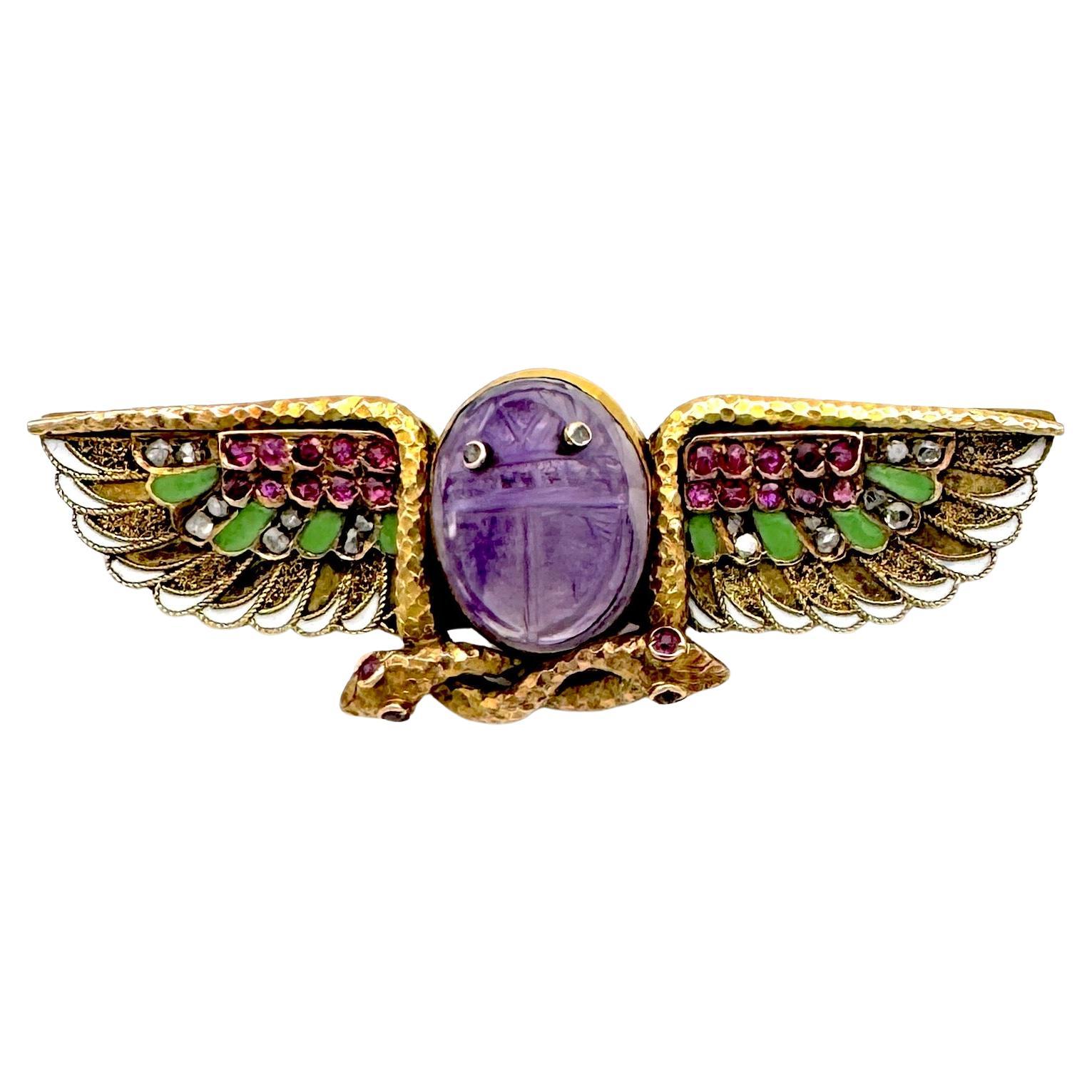 Antique Winged Scarab Double Snake Brooch Amethyst Ruby Diamond Enamel Gold For Sale