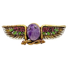 Antique Winged Scarab Double Snake Brooch Amethyst Ruby Diamond Enamel Gold