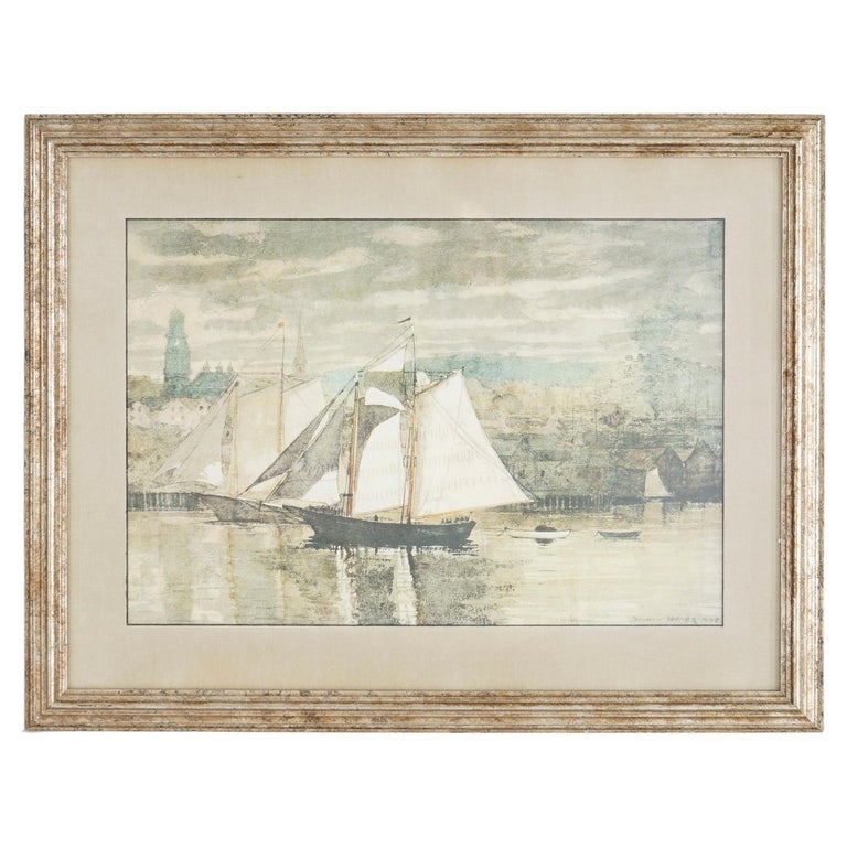 Antique Winslow Homer Nautical Print of Harbor Scene, Dated 1928 For