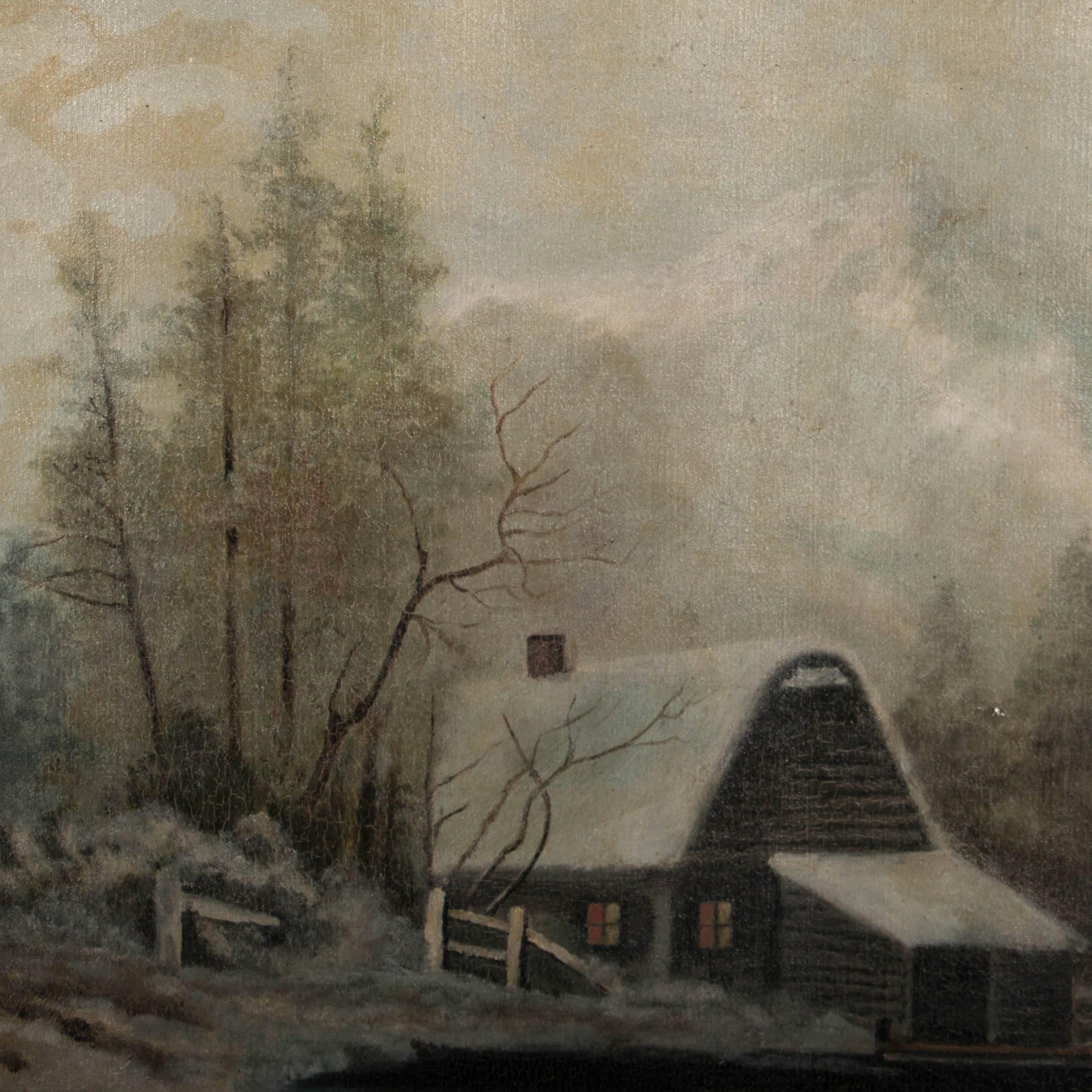 Antique Winter Landscape Oil on Canvas Painting In Good Condition In Round Top, TX
