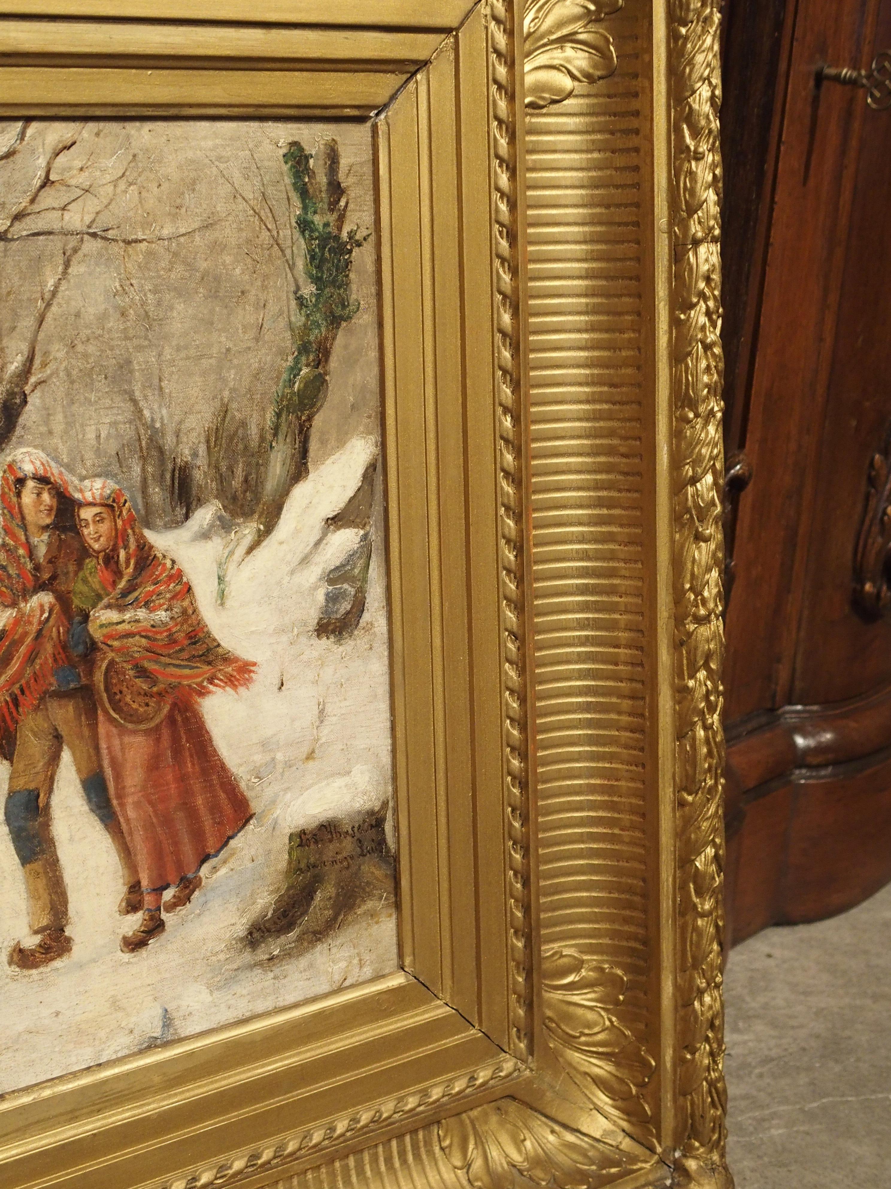Antique Winter Scene Painting of a Couple Walking, Dated 1881 9