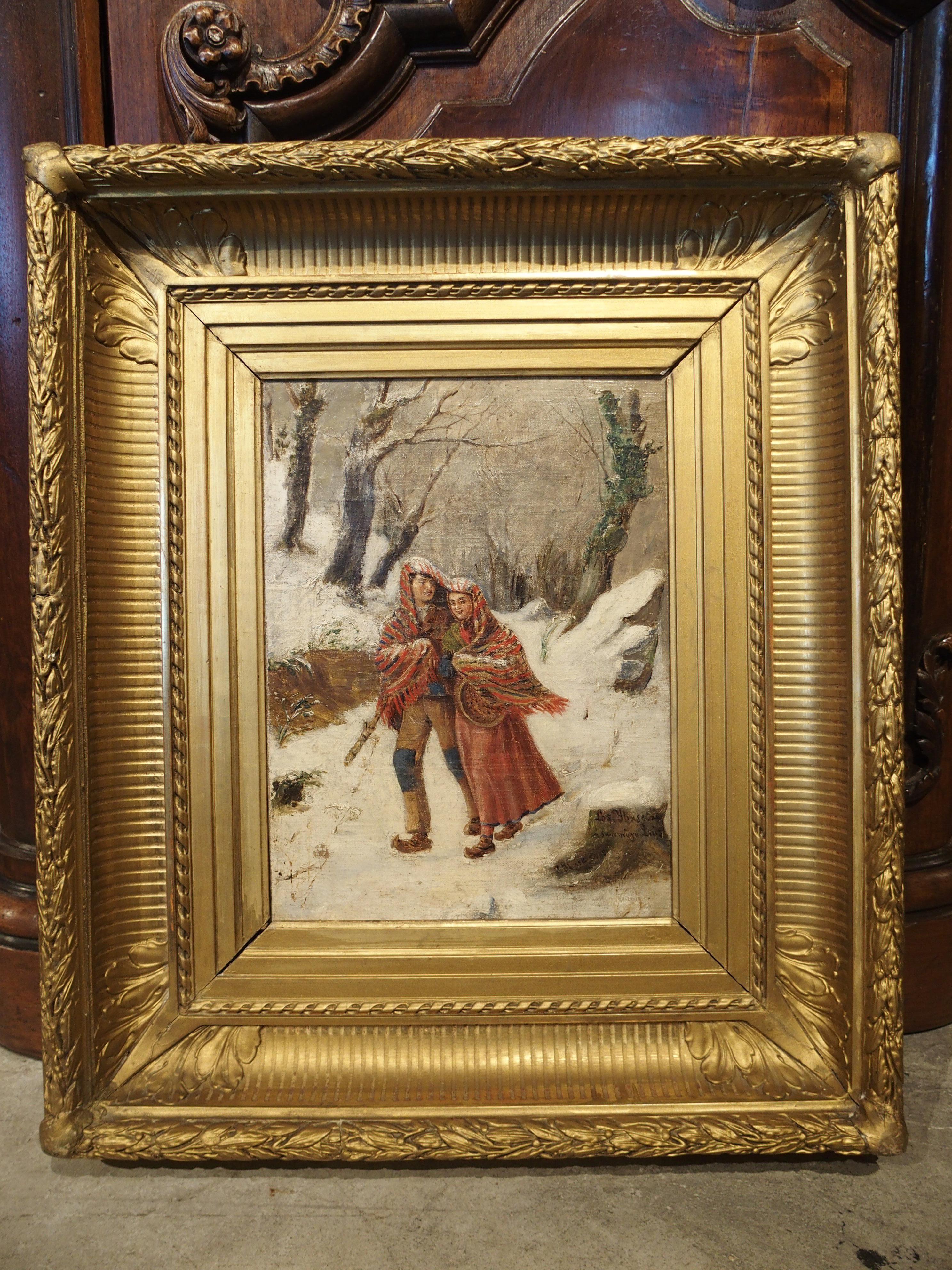 Spanish Antique Winter Scene Painting of a Couple Walking, Dated 1881