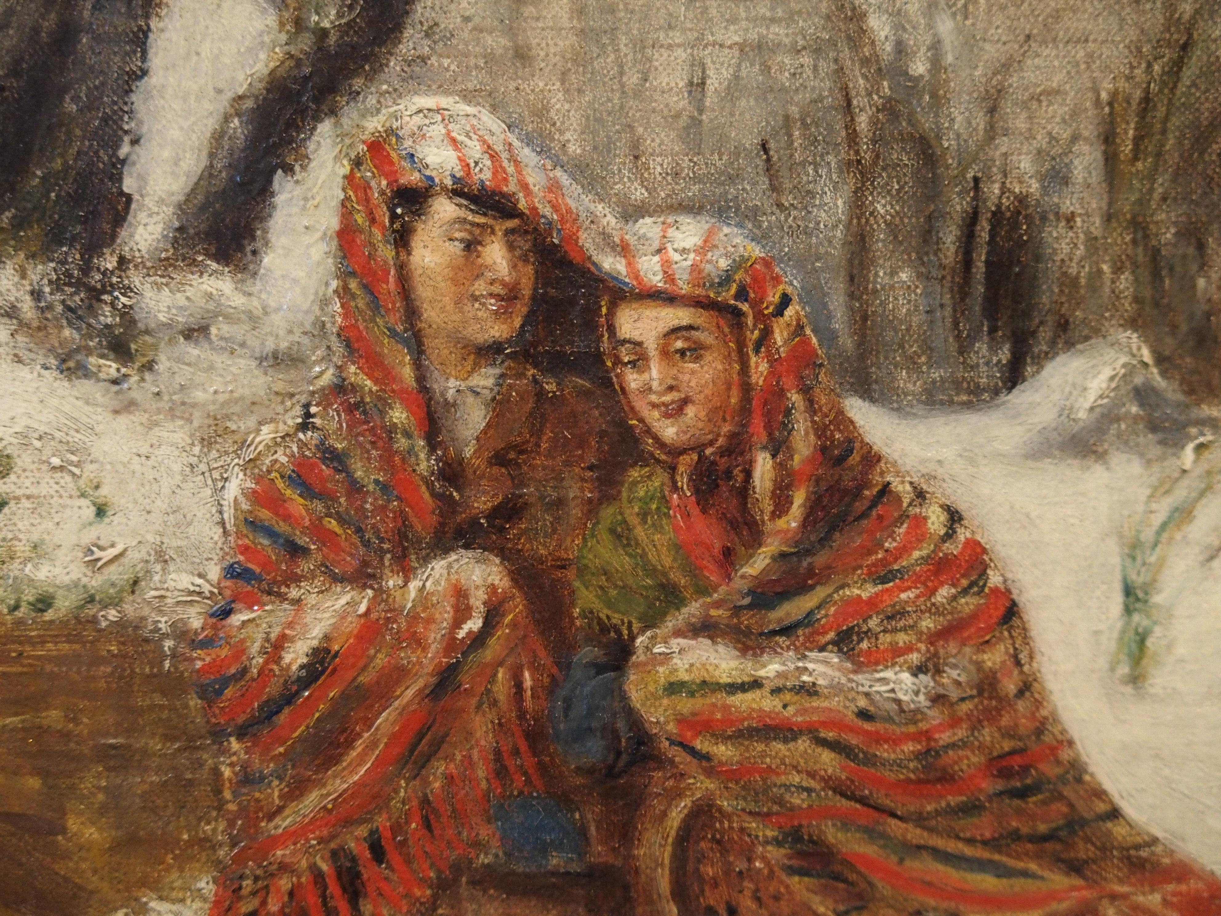 19th Century Antique Winter Scene Painting of a Couple Walking, Dated 1881